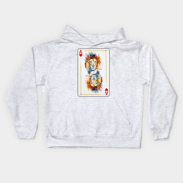 Lion Head Ace of Hearts Playing Card Kids Hoodie by Marian Voicu